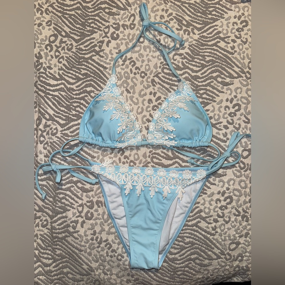 Blue and White Embroidered Bikini Set